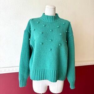Toad&Co Santa Ana Pom Pom Sweater Green Wool Blend Mock Neck Women's S Relaxed